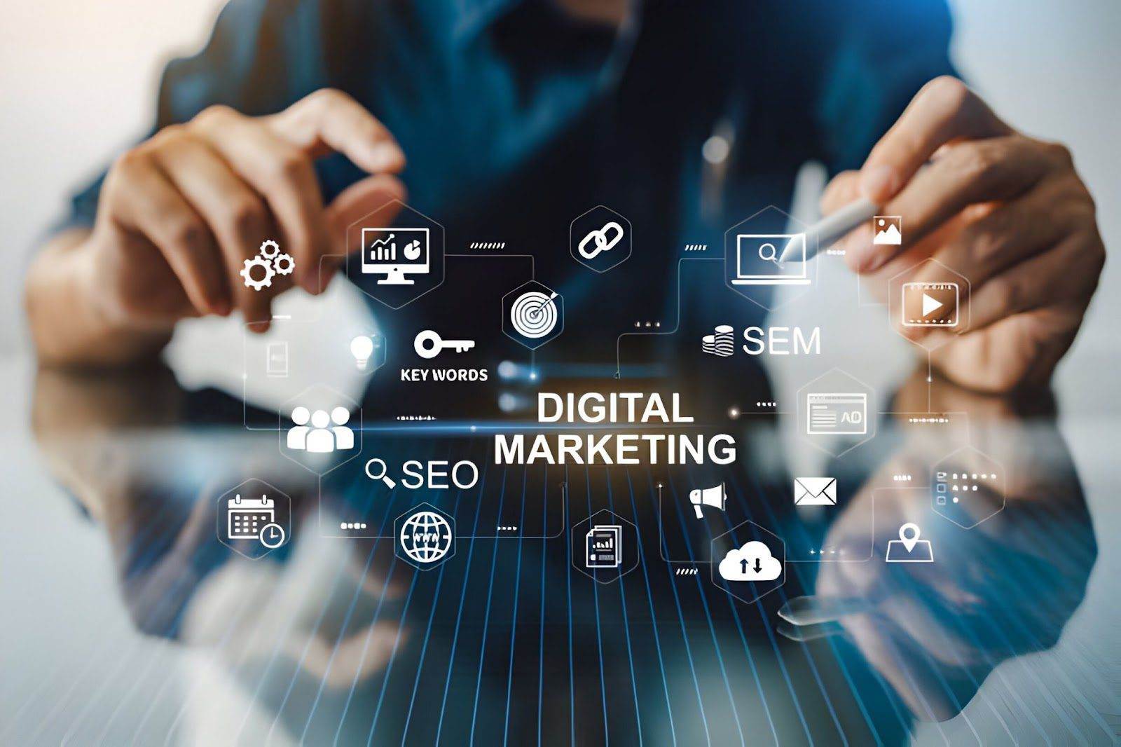 A person uses a tablet with digital marketing icons like SEO, SEM, and social media displaying in a transparent overlay—perfect for showcasing the benefits of partnering with a professional website design company.