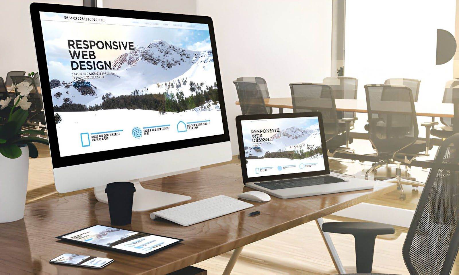 A modern office desk with a desktop computer, laptop, tablet, and smartphone all displaying the same responsive web design—showcasing the expertise of a professional website design company. Empty chairs and desks appear in the background.