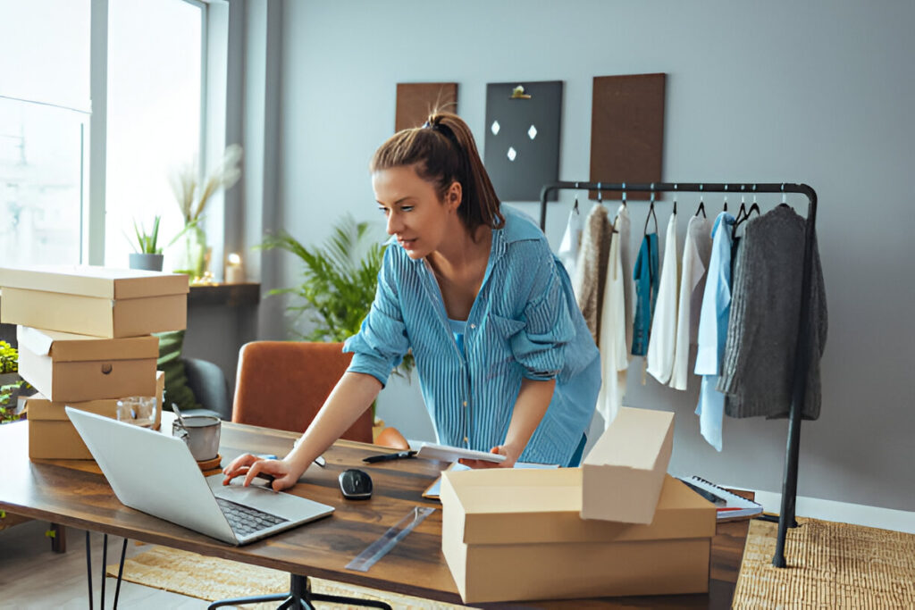 A woman stands at a desk using a laptop, surrounded by cardboard boxes, with a clothing rack and various items in the background—perfectly capturing the spirit of small business website design.