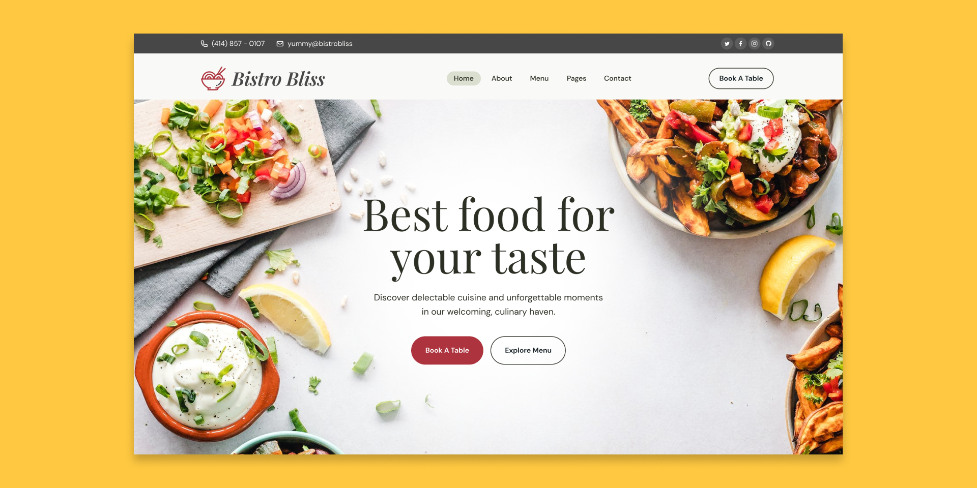 How to Choose the Right Website Design Partner for Your California Business Website homepage for Bistro Bliss, designed by a professional website design company, featuring images of various dishes, a navigation menu, contact details, and buttons to book a table or explore the menu on a yellow background.