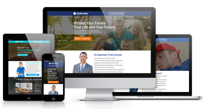 A responsive insurance website created by a WordPress web designer is displayed on a desktop monitor, laptop, tablet, and smartphone, featuring family and business imagery.