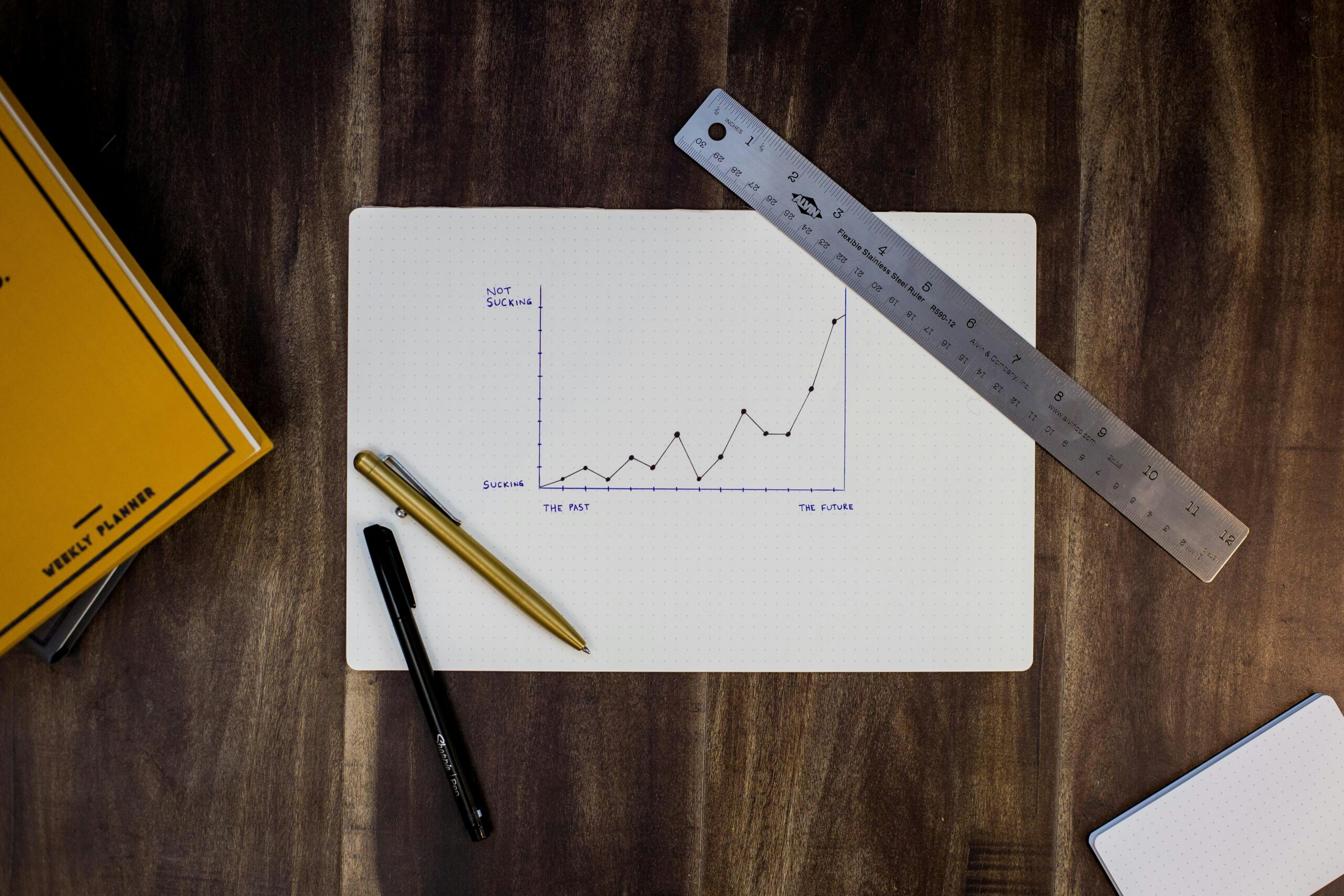 Why Your Website is Never Truly Finished A pen, pencil, and ruler lie on a desk beside a hand-drawn line graph labeled “Success” and “Not Success” on a piece of paper. A yellow notebook is also partially visible.