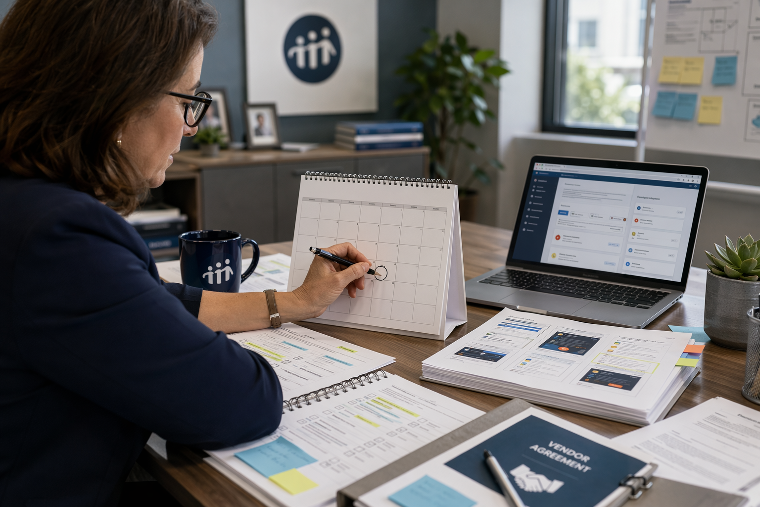 Nonprofit director reviewing accessibility compliance deadlines on desk calendar
