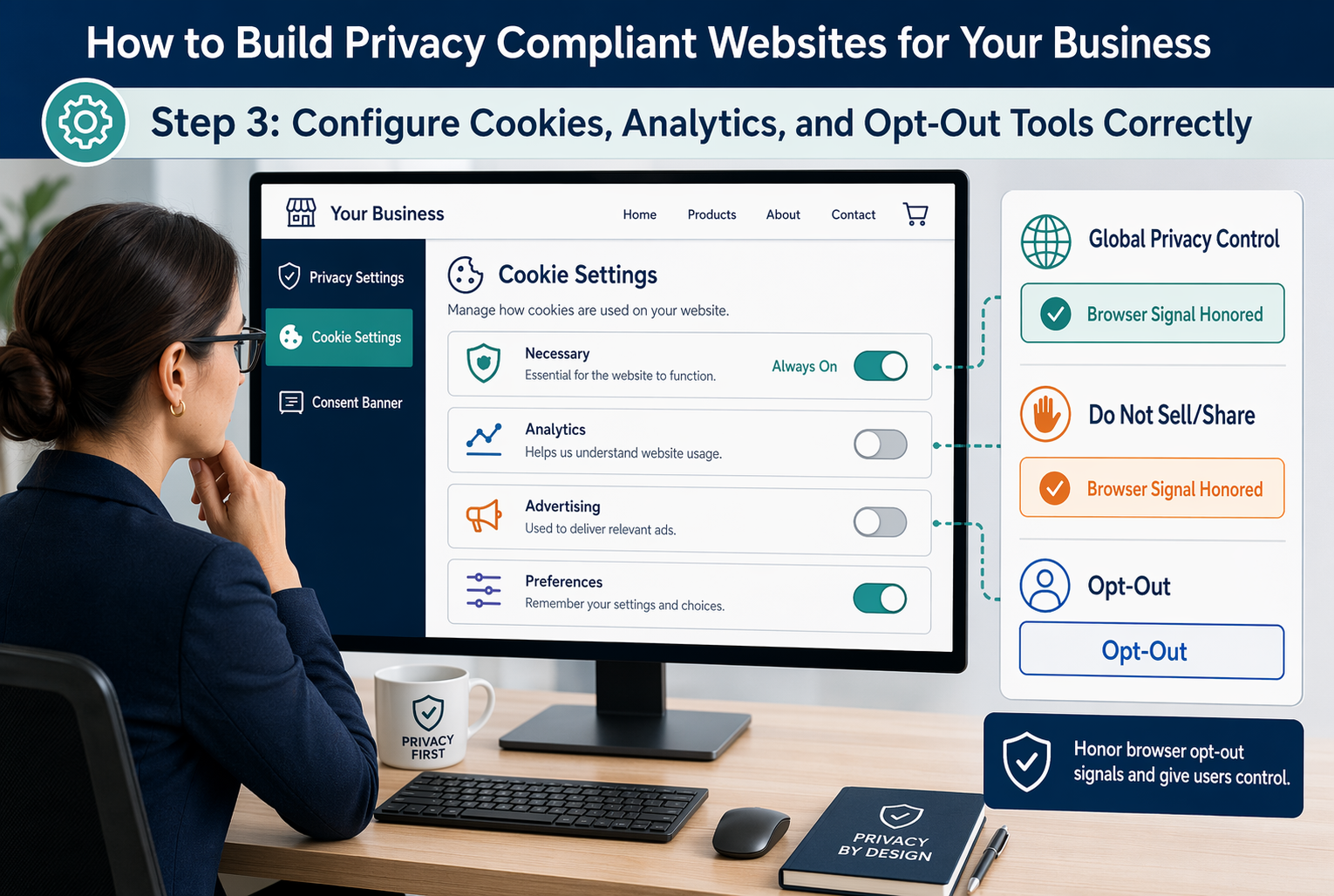 Privacy manager reviewing cookie categories and opt-out settings