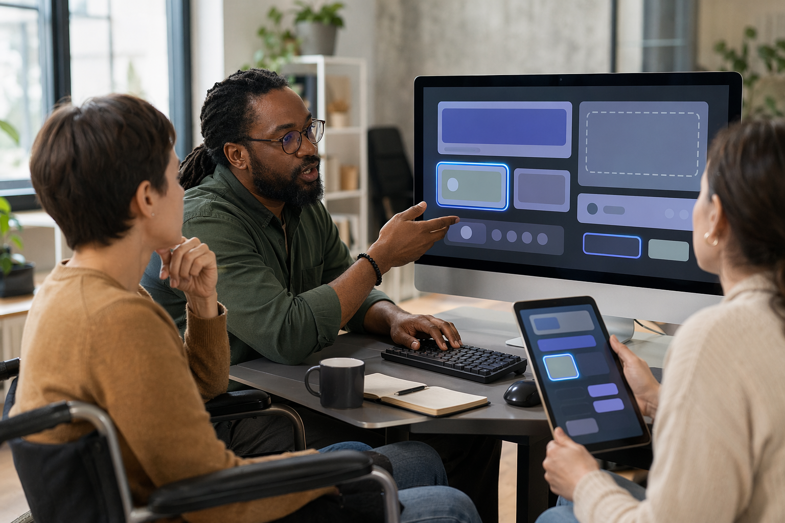 Accessibility consultant reviewing focus indicators in modern office