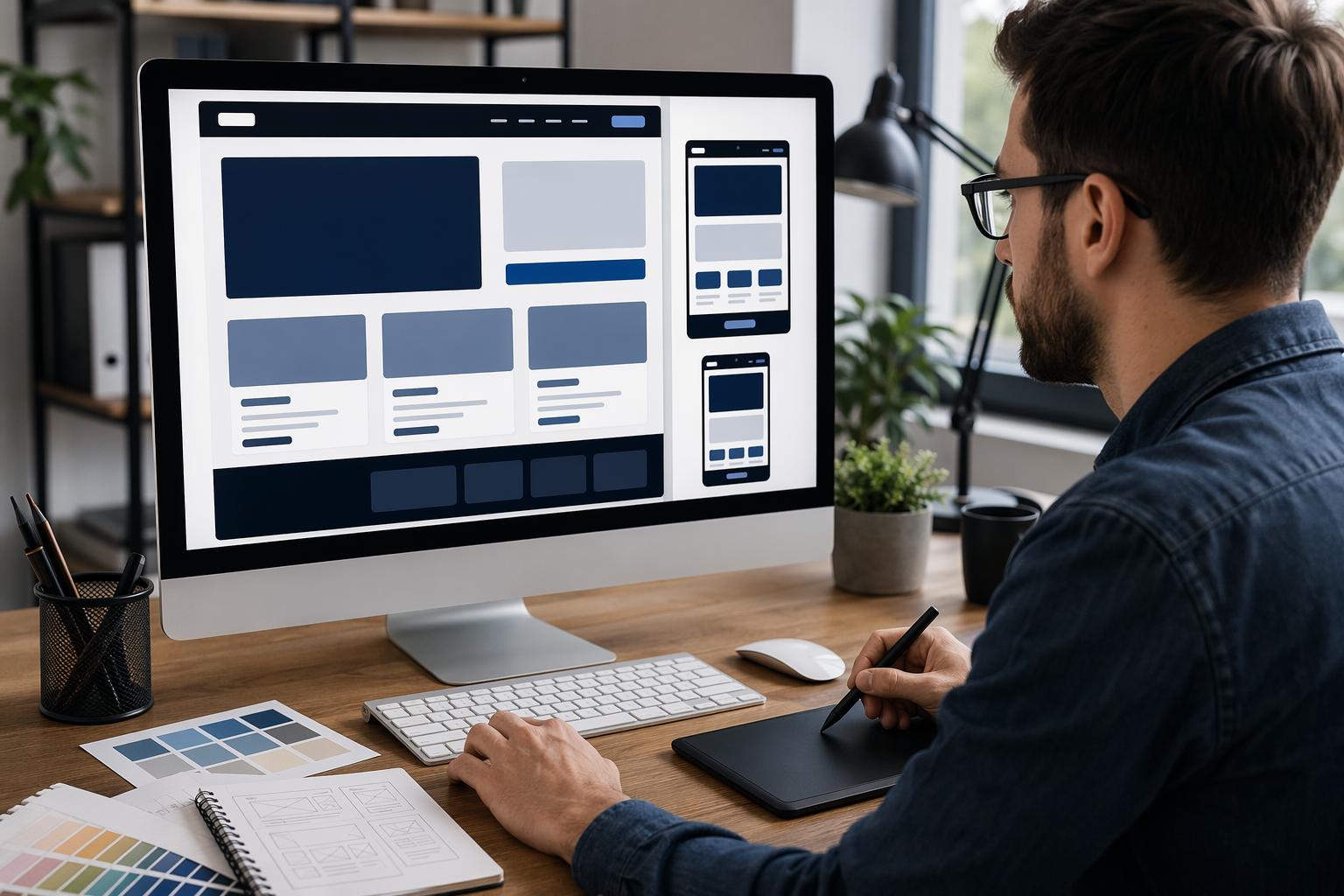 Designer reviewing high-contrast website mockup on desktop