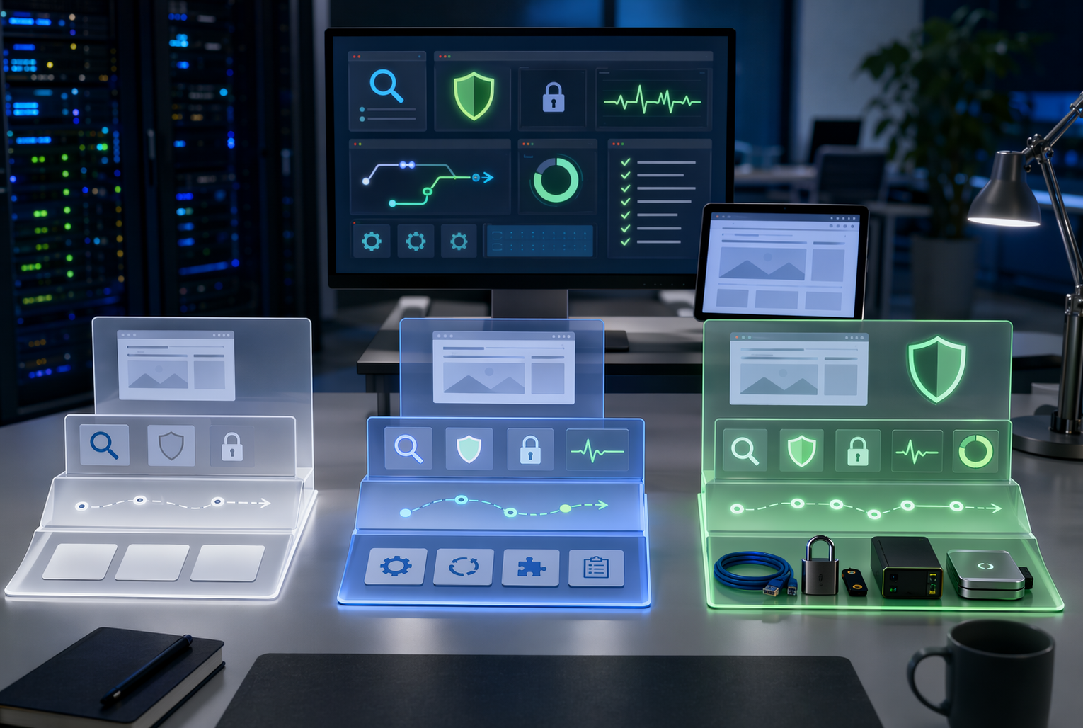Modern office with digital dashboards displaying website security and SEO metrics