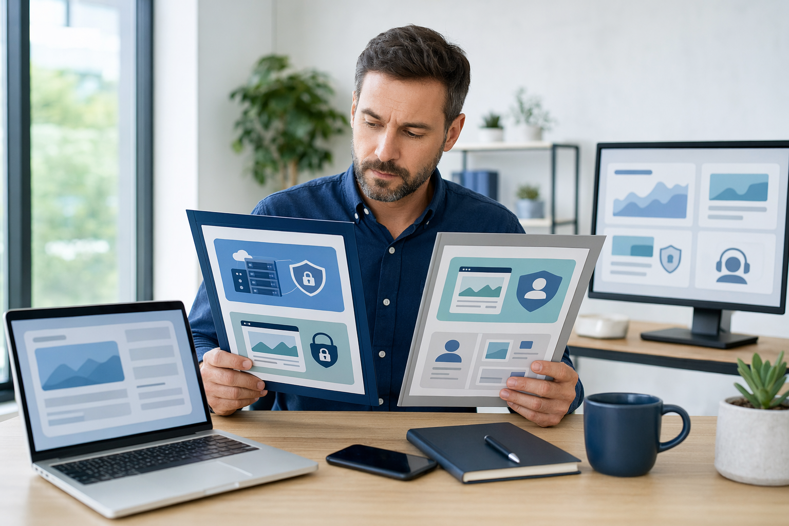 Small business owner comparing website proposals at bright office desk