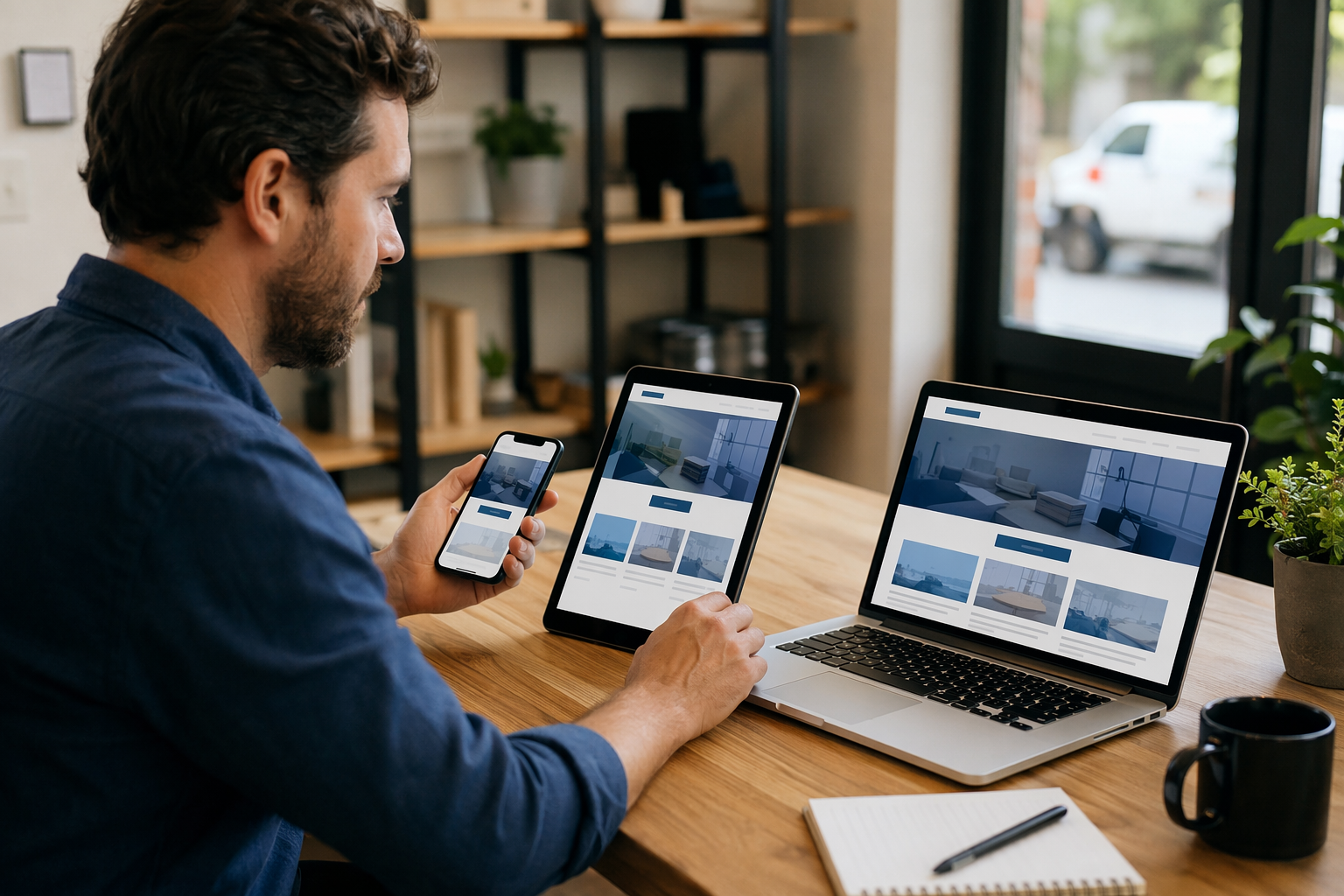 Small business owner testing website on multiple devices