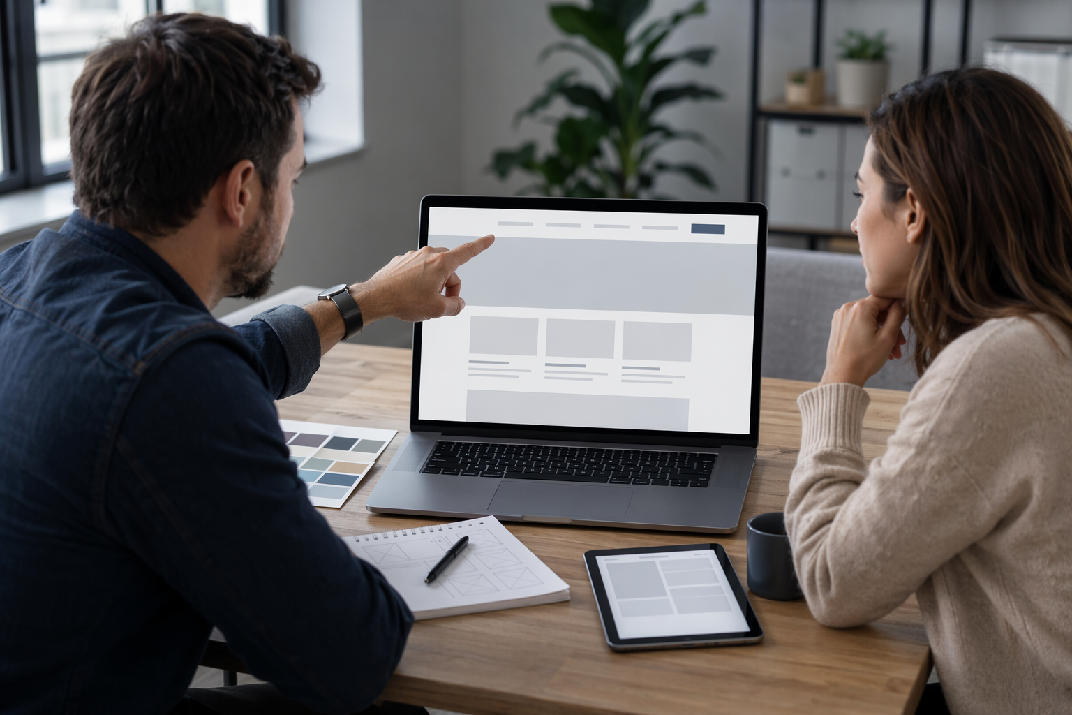 Business owner reviewing website menu with designer