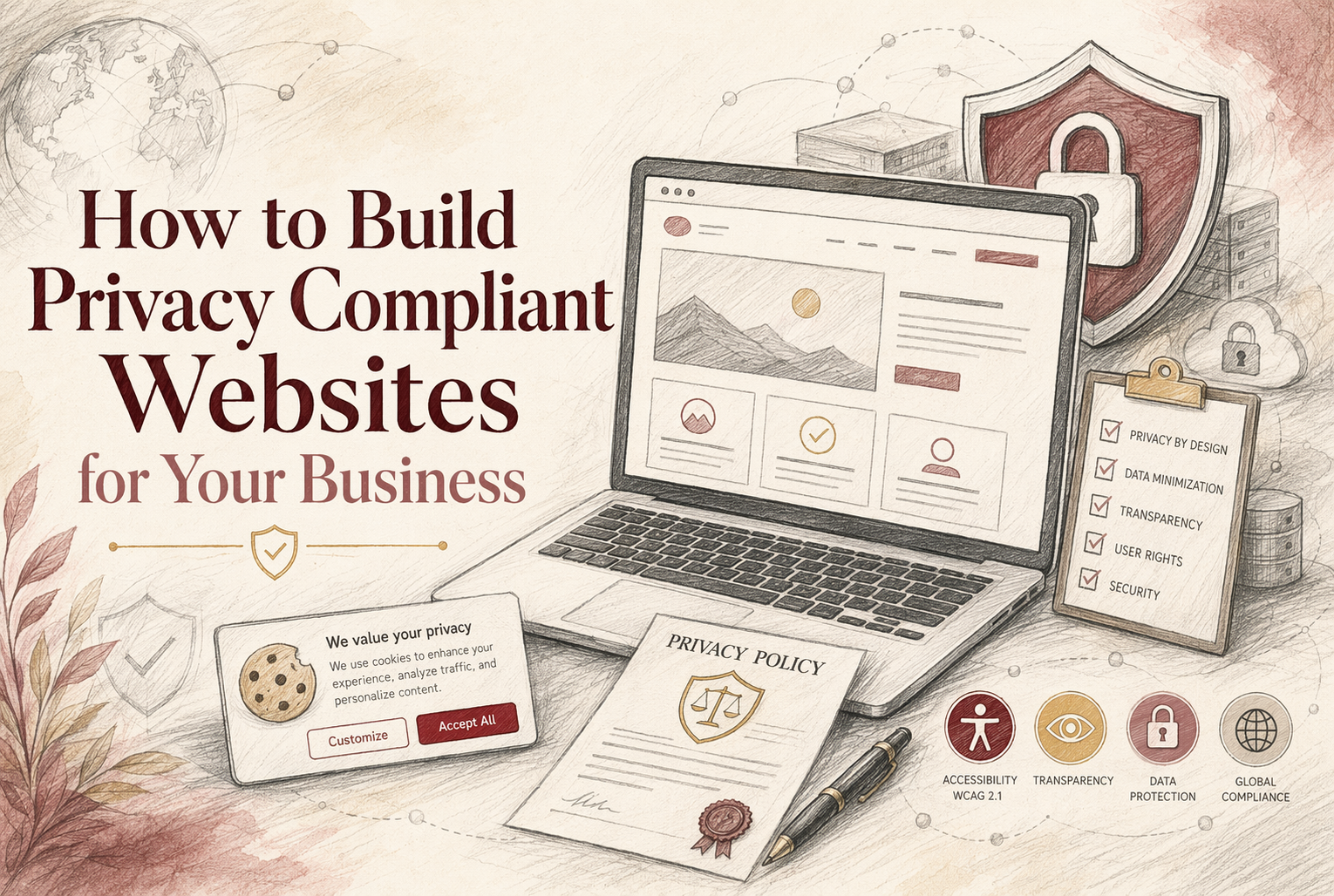 How to Build Privacy Compliant Websites for Your Business Illustration showing a laptop, business documents on privacy policy, and icons with the text: How to Build Privacy Compliant Websites for Your Business.