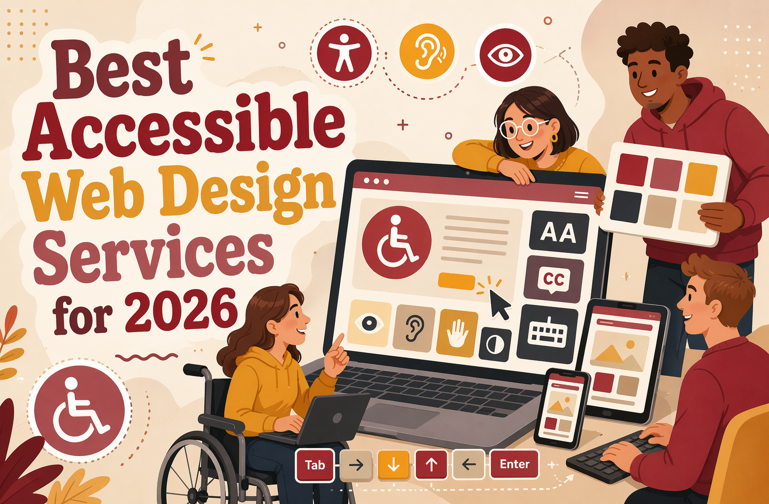 Best Accessible Web Design Services for 2026 Four people, including one in a wheelchair, discuss accessible web design at a table with screens showing accessibility icons and color palettes. Text: