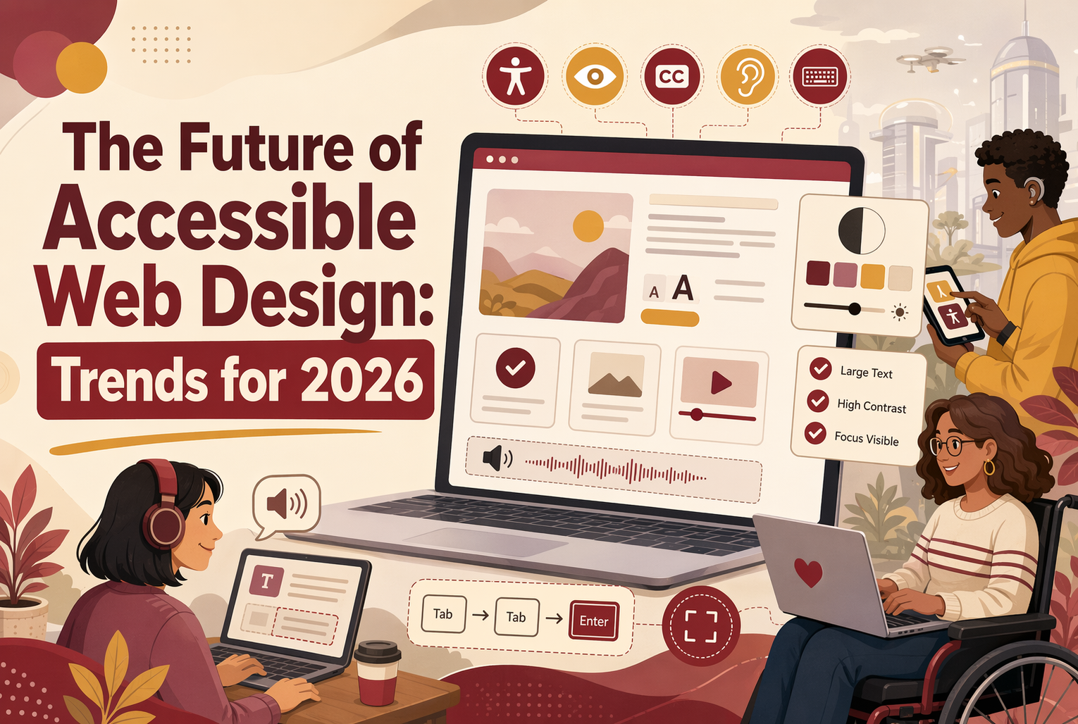 Illustration depicting the future of web design, with people using laptops showcasing accessibility tools and interface options like large text, high contrast, and keyboard navigation. Text highlights 2026 web design trends.