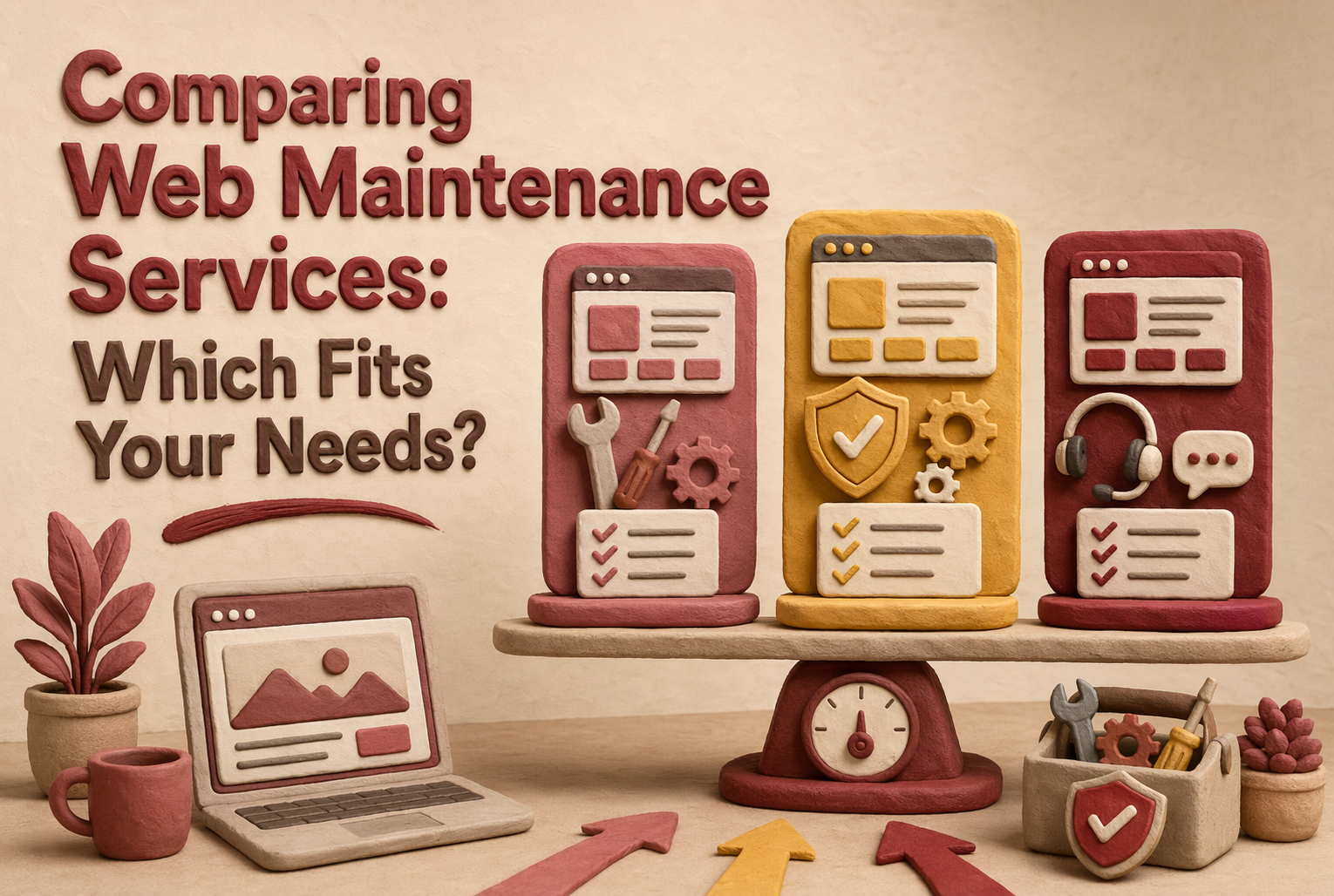 Clay-style graphic showing a laptop, three website maintenance service options with icons for tools, security, and support, and the title "Comparing Web Maintenance Services: Which Fits Your Needs?.