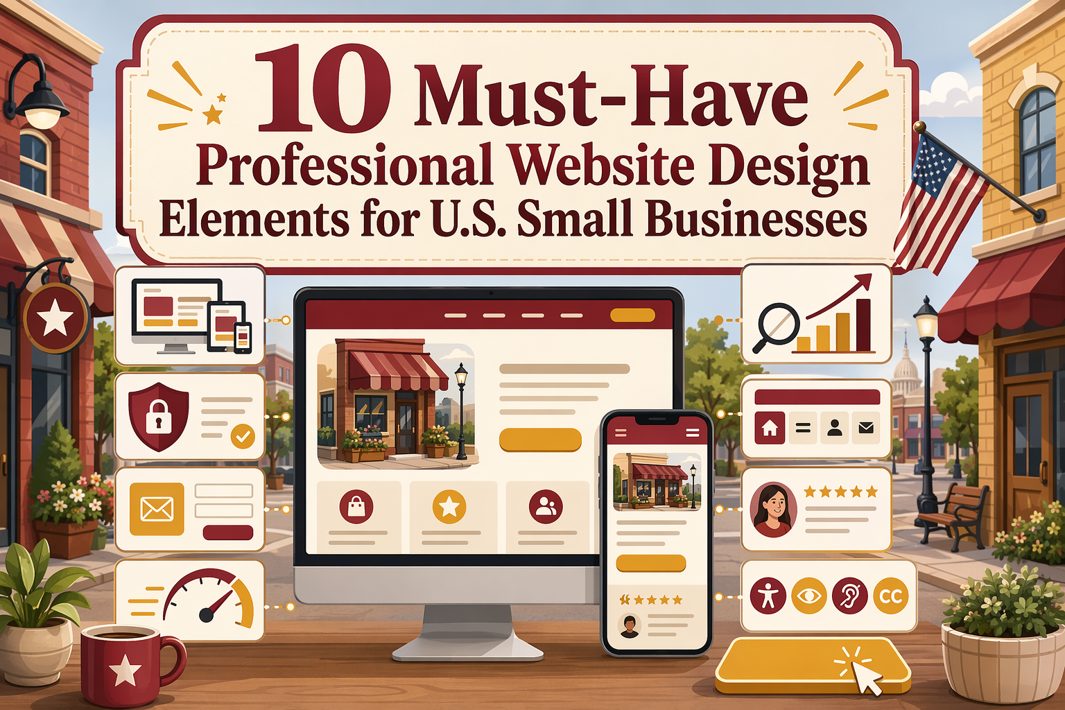 An illustrated banner displays "10 Must-Have Professional Website Design Elements for U.S. Small Businesses," highlighting icons for security, analytics, mobile, and accessibility around a desktop monitor to guide small businesses in the U.S.
