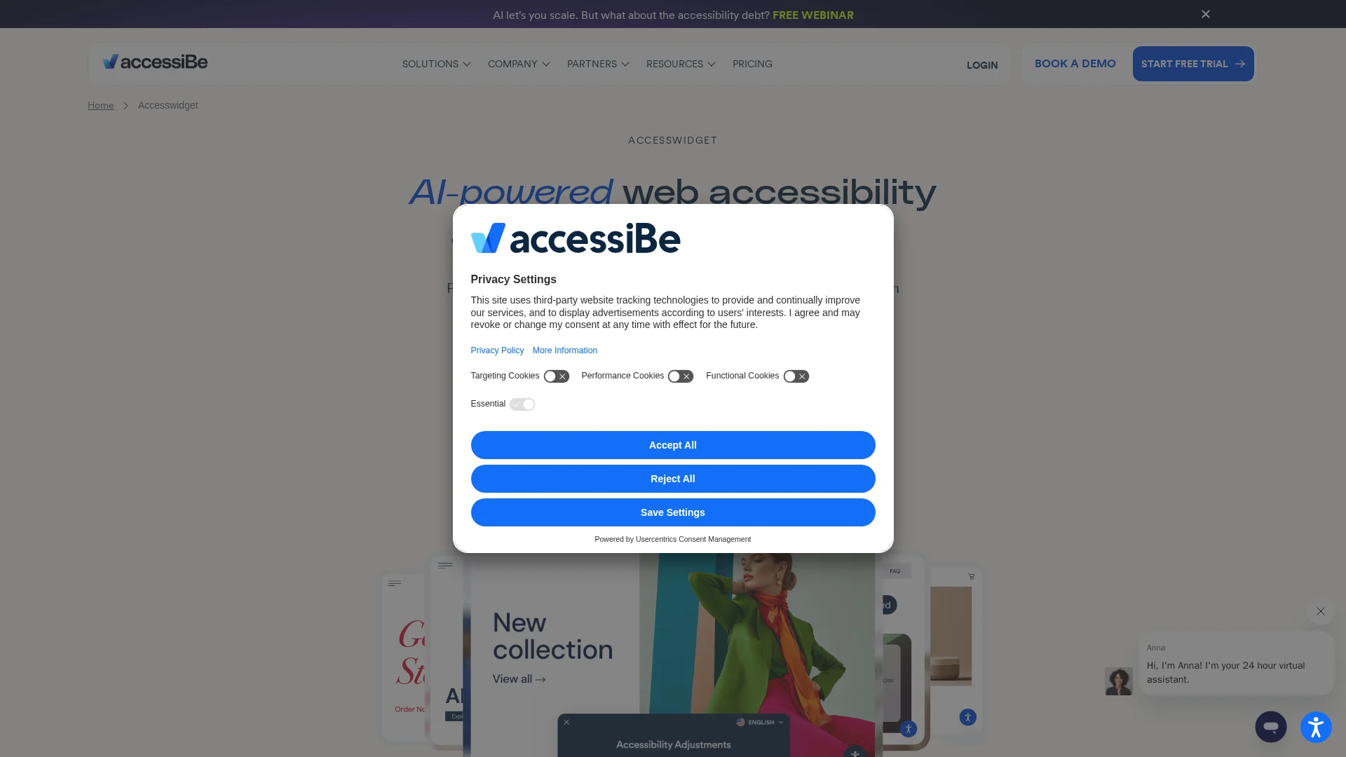 A web page displays a large privacy settings popup from accessiBe, an accessibility plugin, with options to accept, reject, or customize cookie preferences. The blurred website is visible in the background.