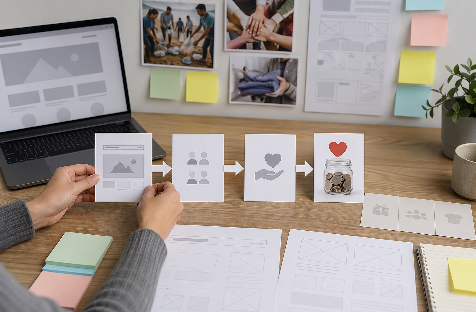 Homepage with a clear call-to-action button and donation flowchart
