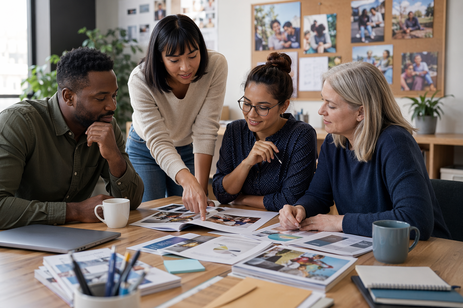 Nonprofit team reviewing annual report and testimonials