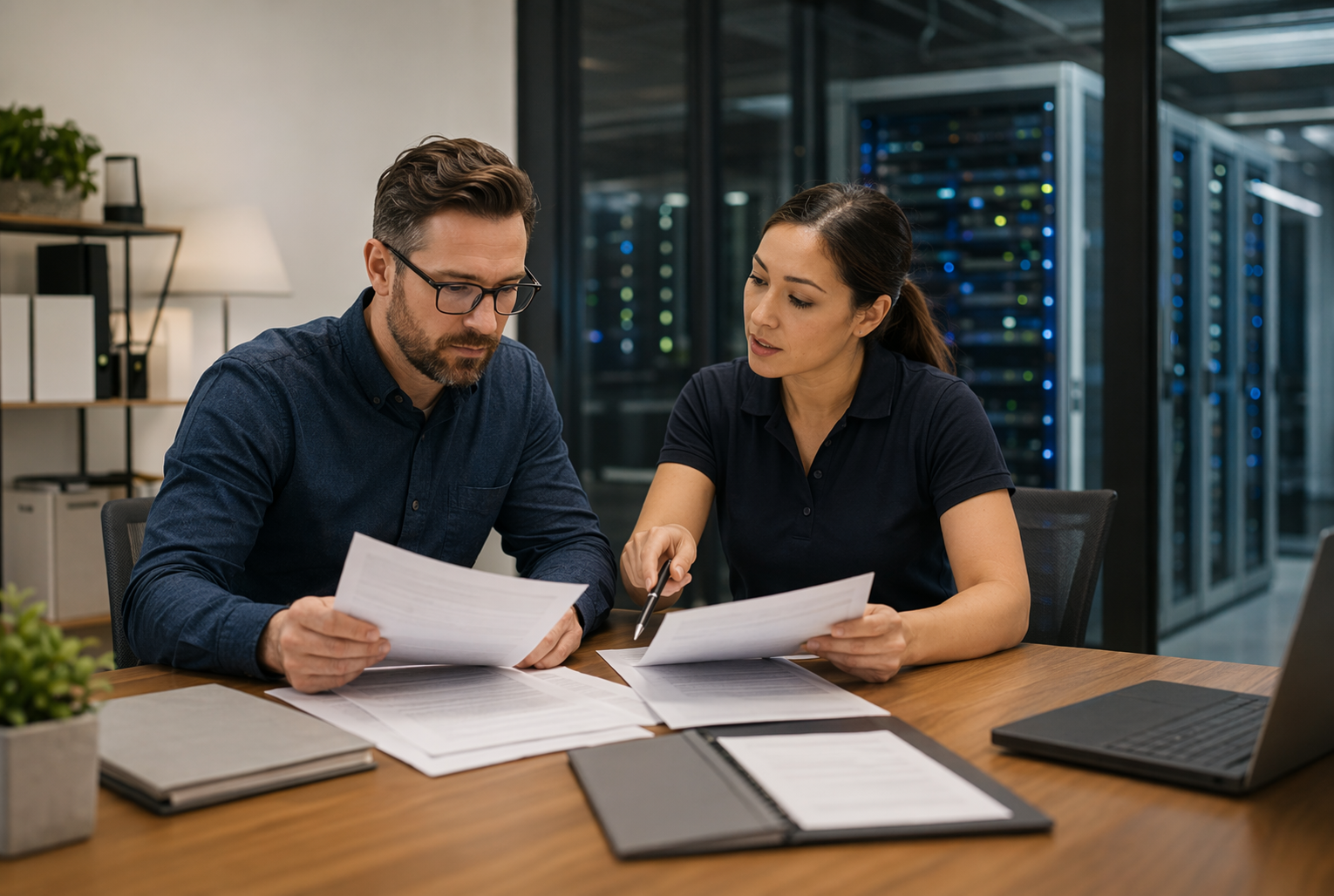 Business owner reviewing privacy policies with web host representative