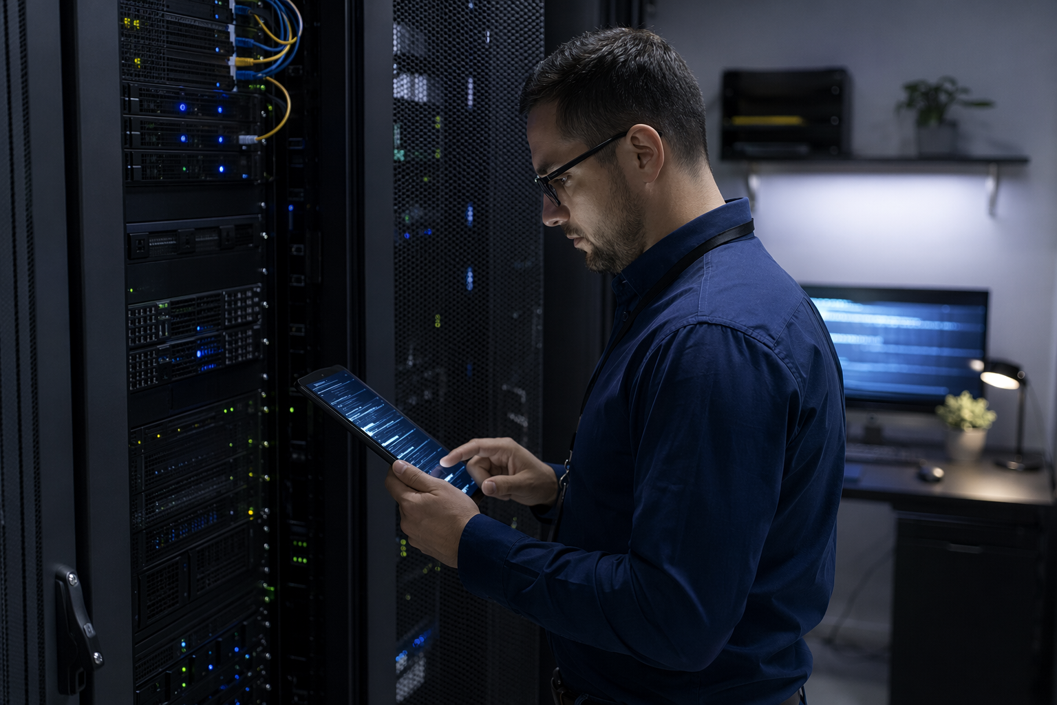 Security analyst reviewing server access logs in server room