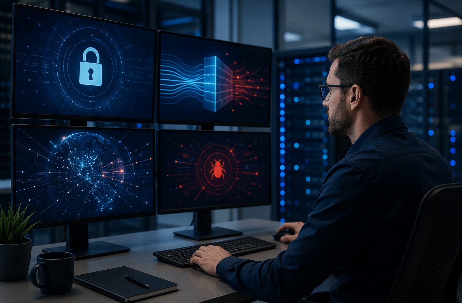 Website security administrator reviewing encryption and firewall dashboards