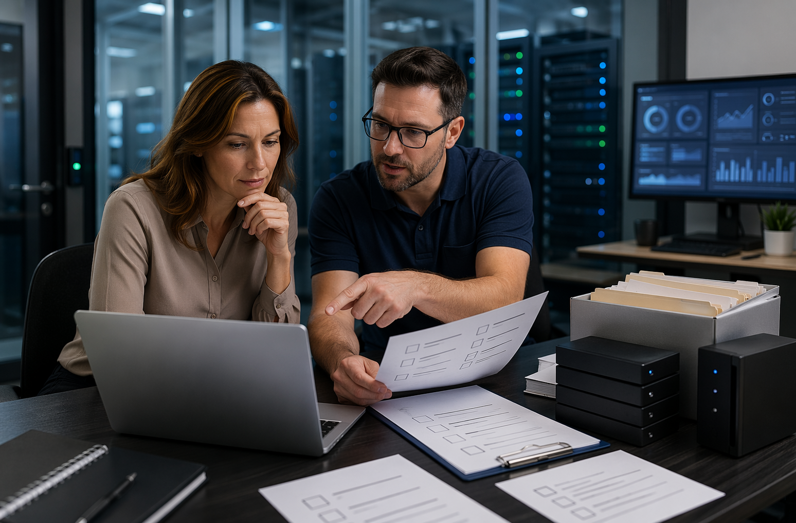 Business owner reviewing compliance checklist with IT manager