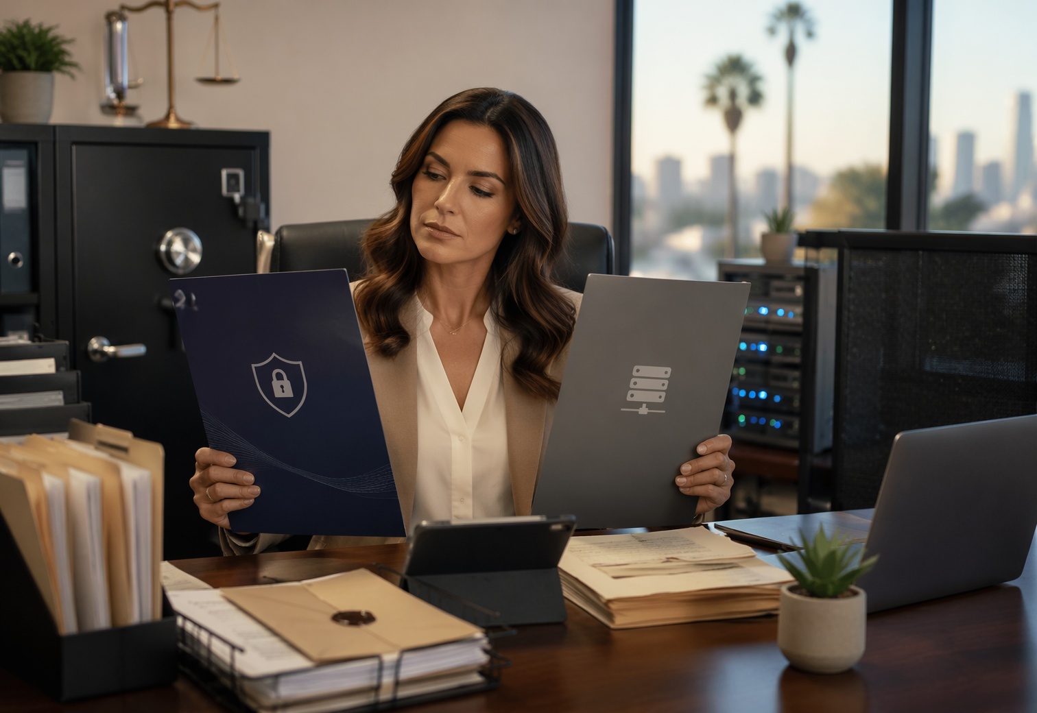 California office manager reviewing hosting options at desk