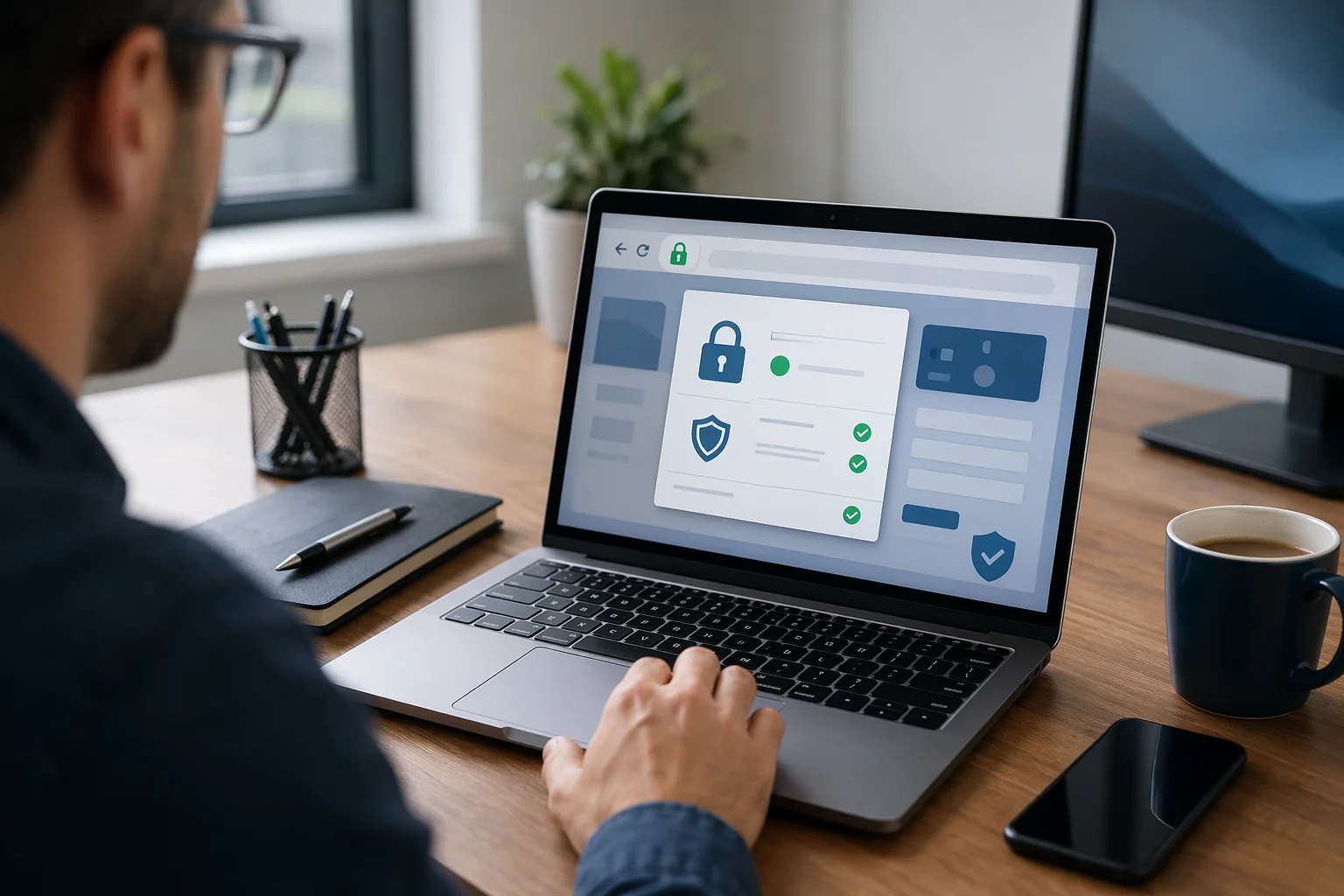 Website owner inspecting padlock security certificate on laptop