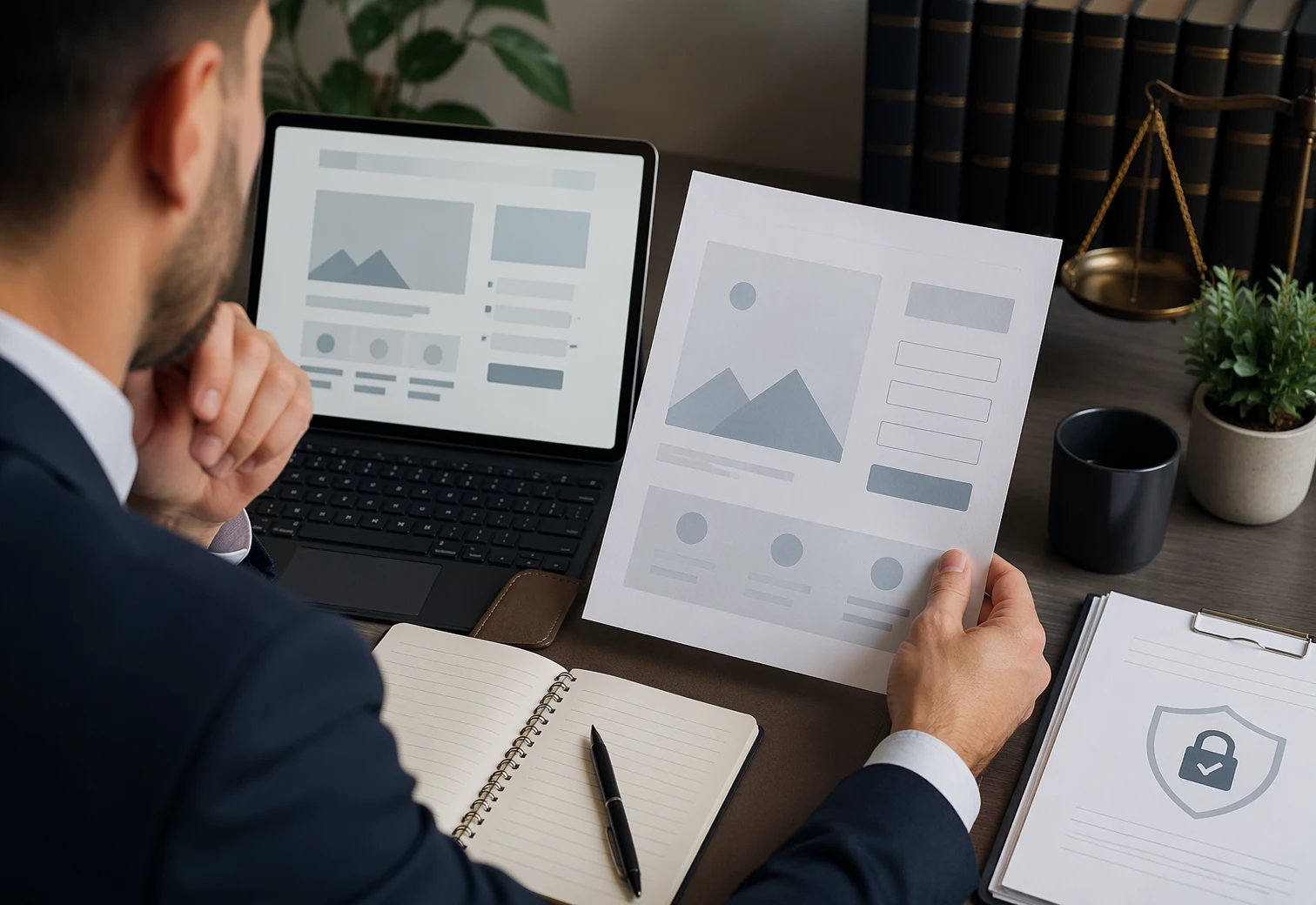 Consultant comparing lead capture page mockups on desk