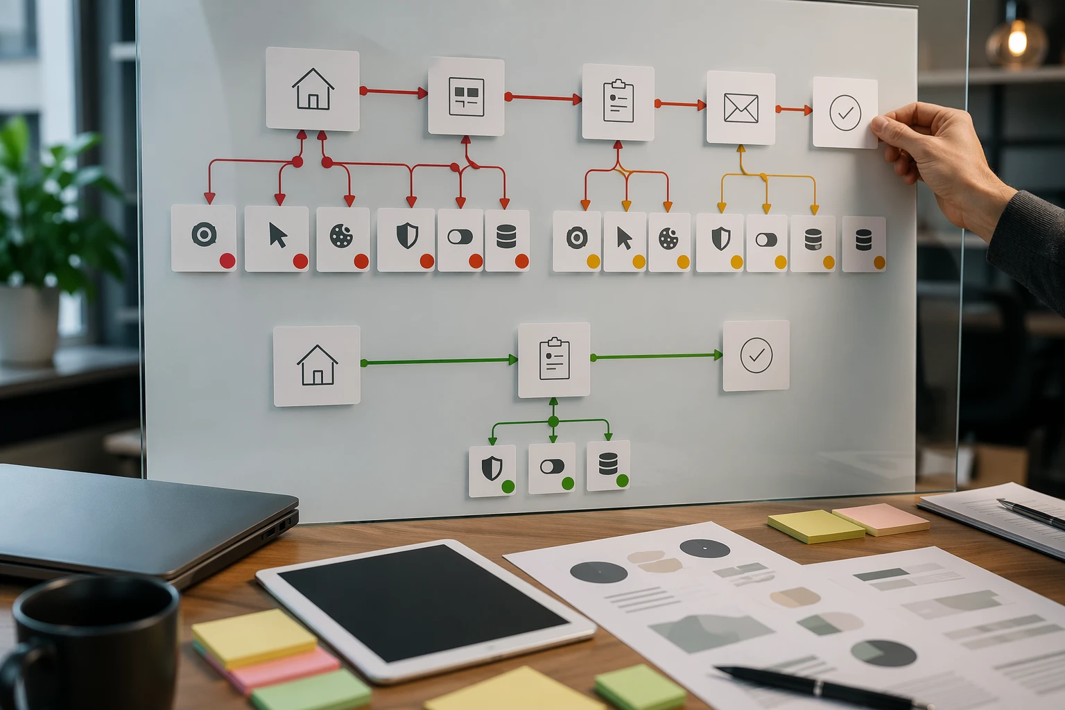 Flowchart of website data collection points in a modern office setting