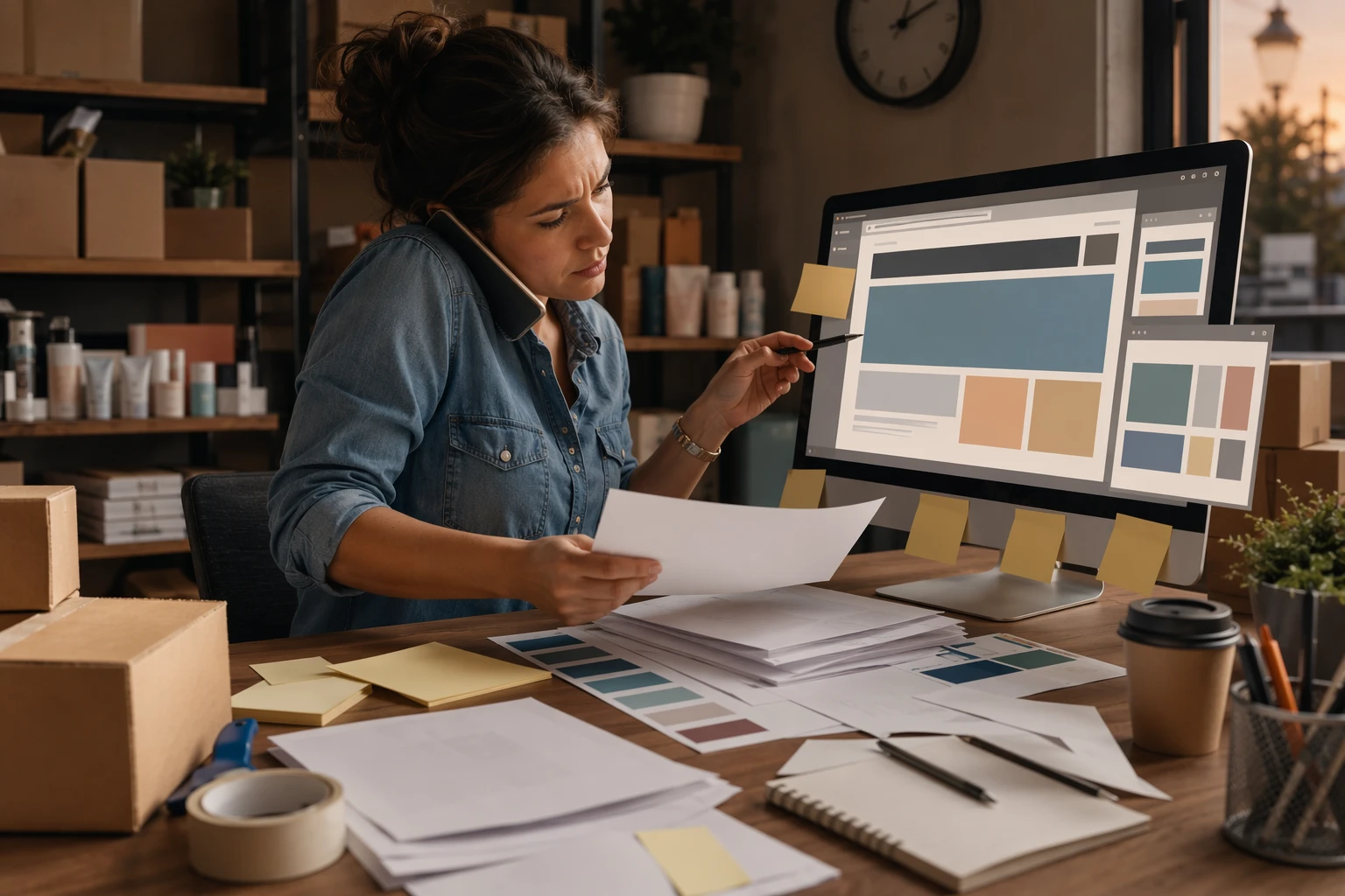 Small business owner managing website edits at cluttered desk