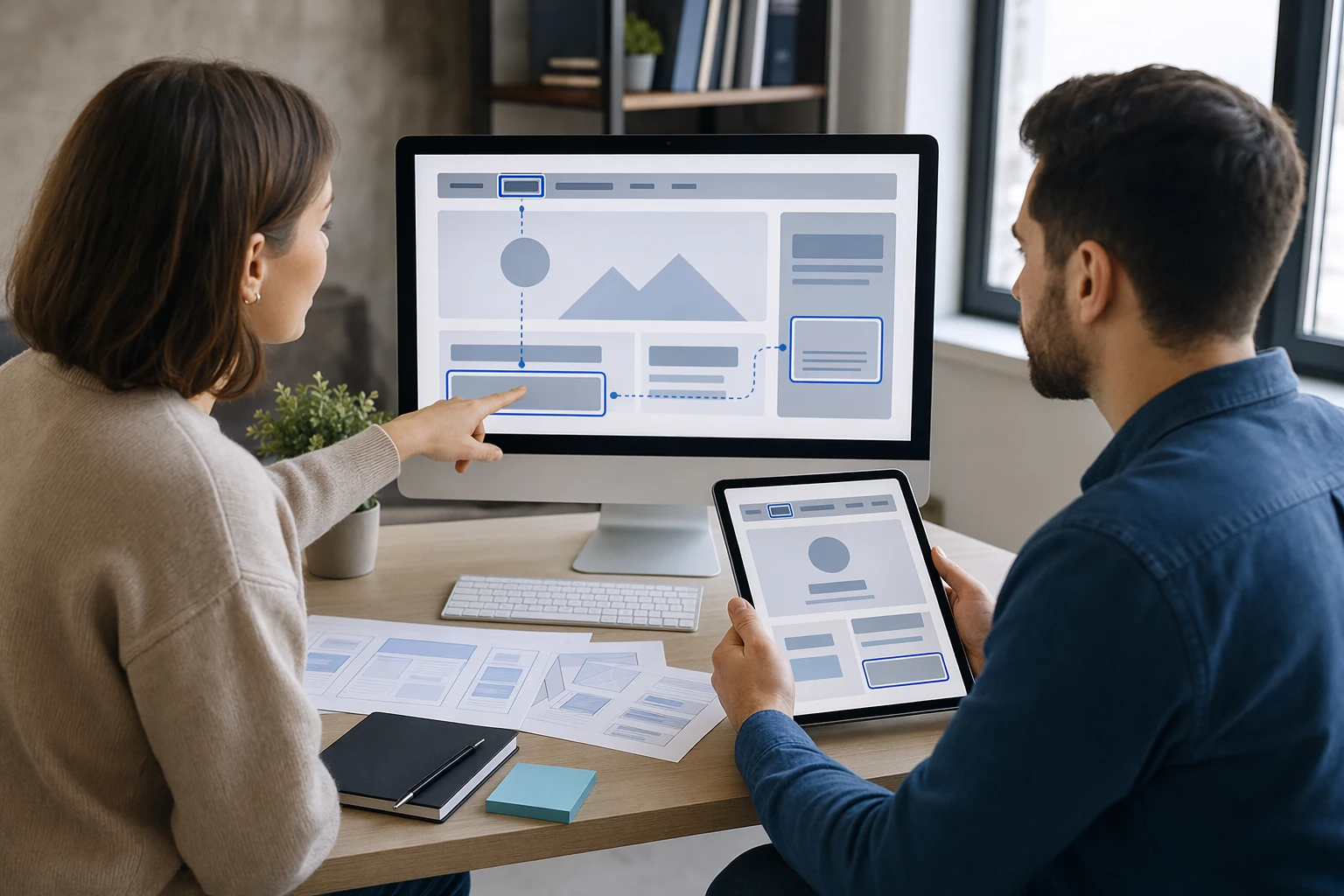 Designer and business owner reviewing website navigation flow on desktop and tablet