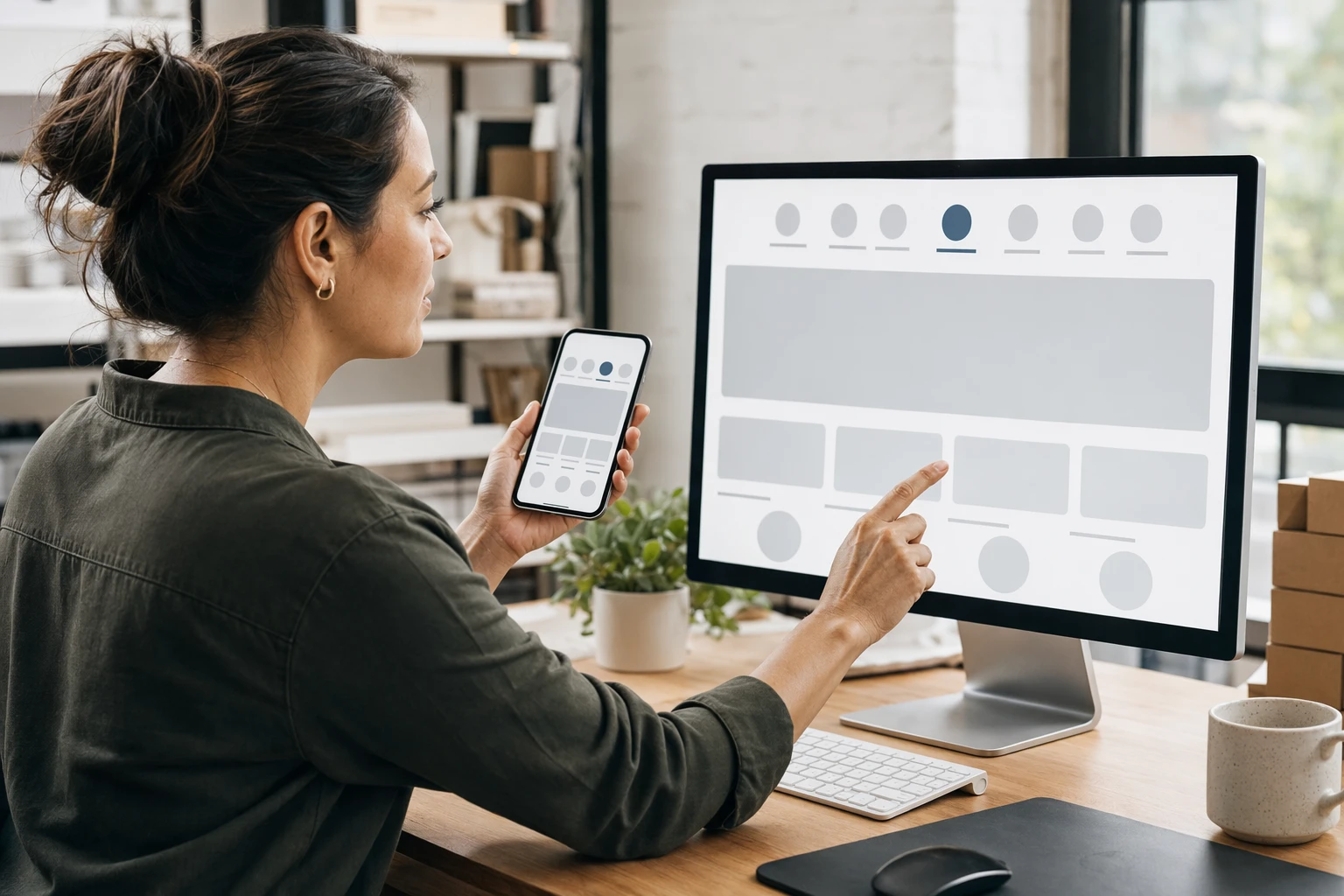 Business owner reviewing website menu on desktop and phone