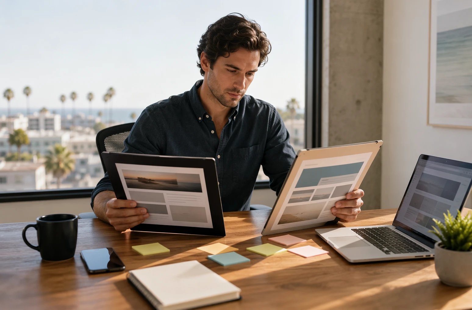 California startup founder reviewing website proposals at office desk