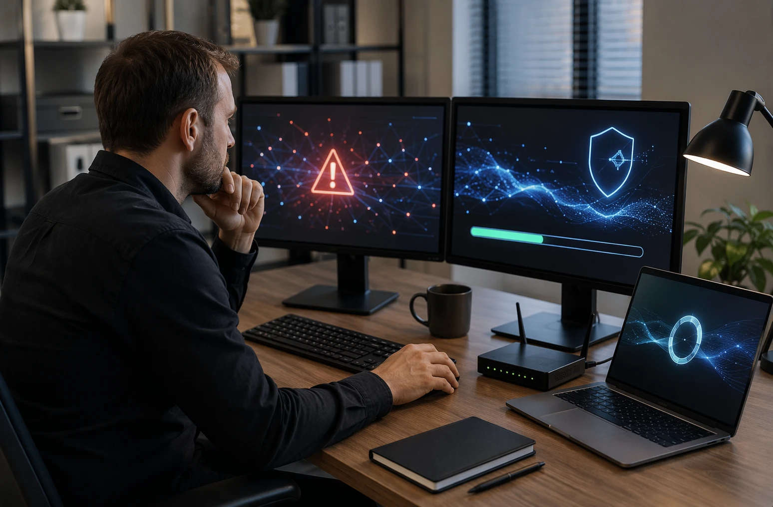 Website support specialist reviewing threat alerts at workstation