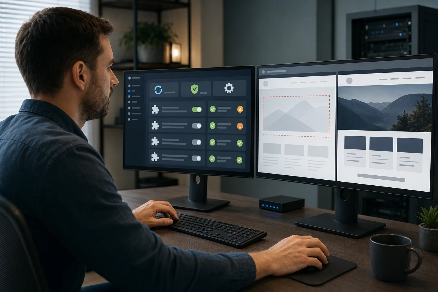 Website manager reviewing plugin update notifications on dual monitors
