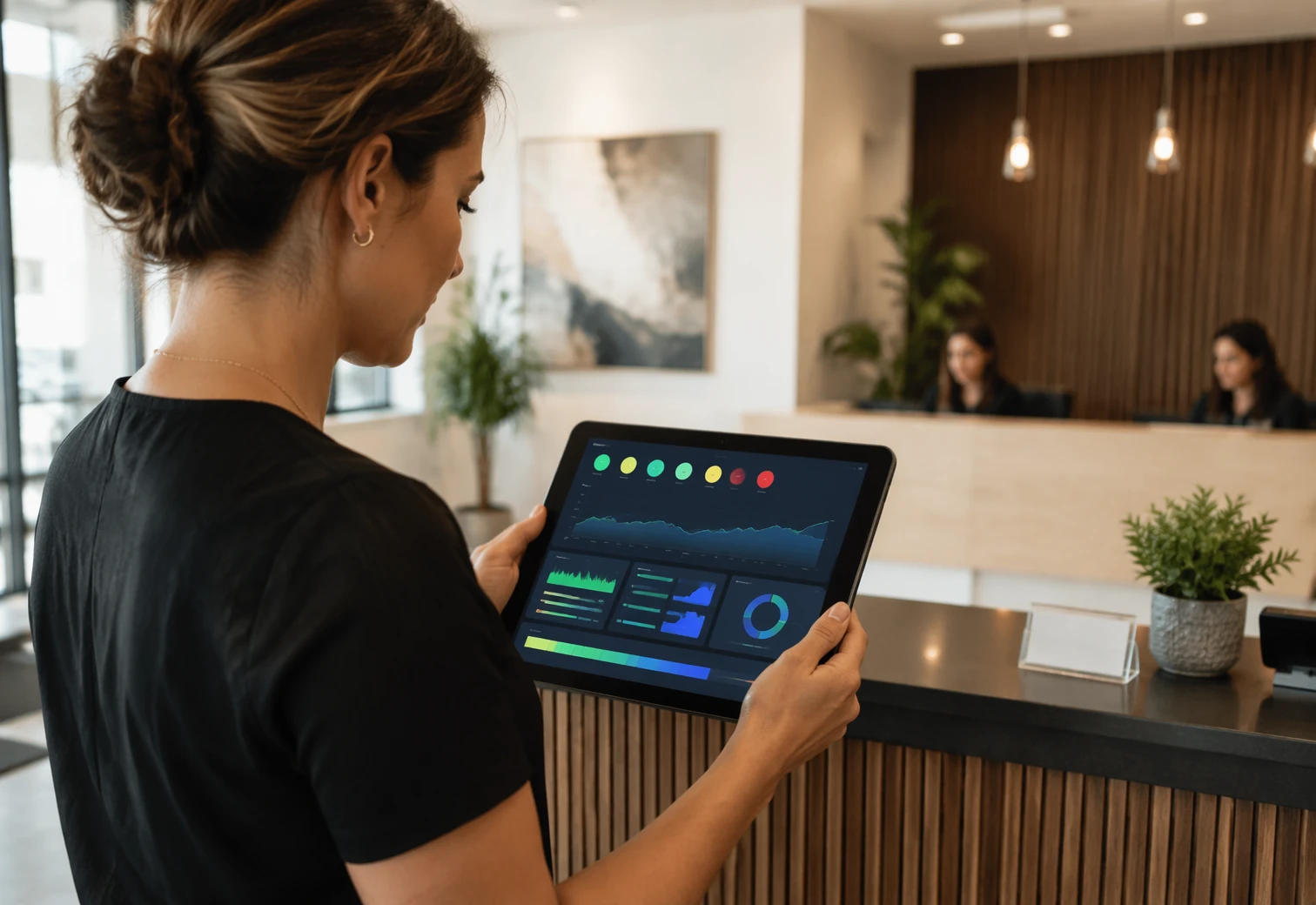 Business owner reviewing website performance dashboard on tablet