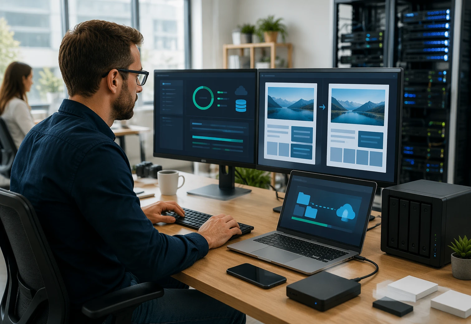 Web developer restoring website from backup in bright office