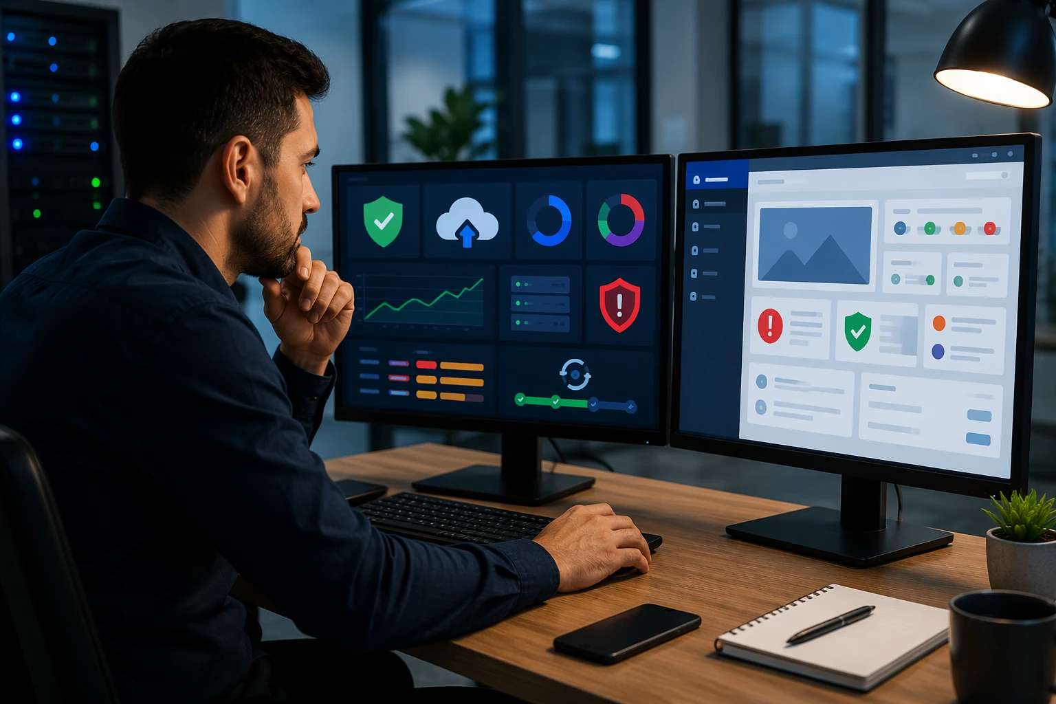 Website manager reviewing security alerts on dual monitors