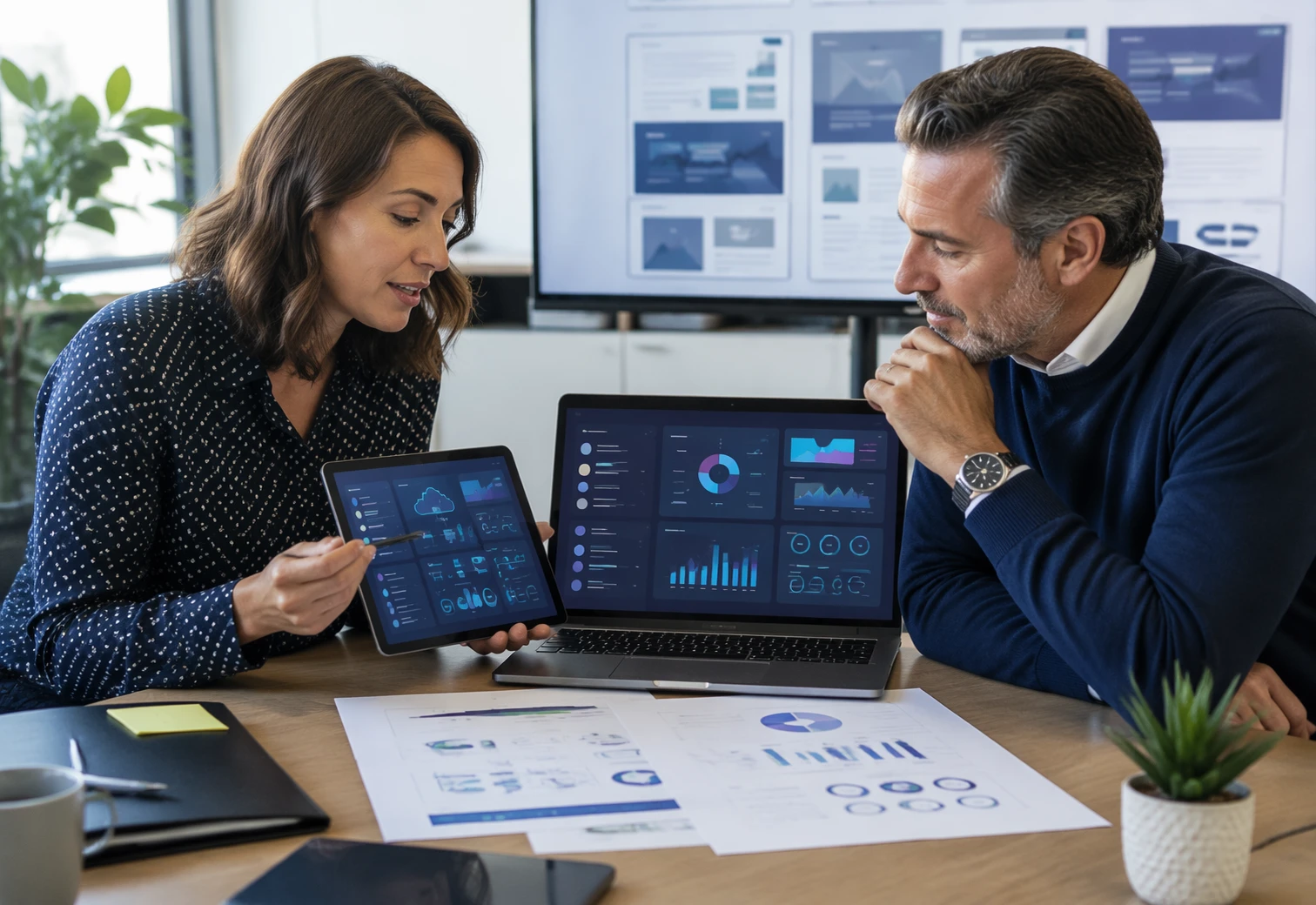 Business owner reviewing website support reports with web manager