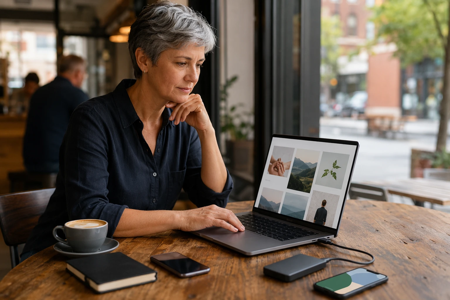 Nonprofit director updating website outside coffee shop