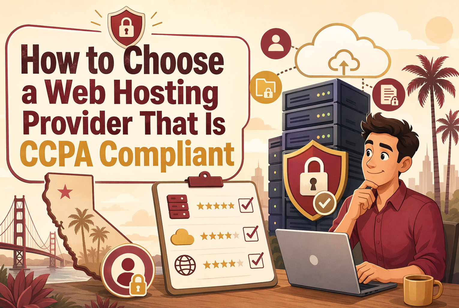 A person researches how to choose a CCPA compliant web hosting provider on a laptop, surrounded by icons, server racks, and a California map, with the Golden Gate Bridge in the background.