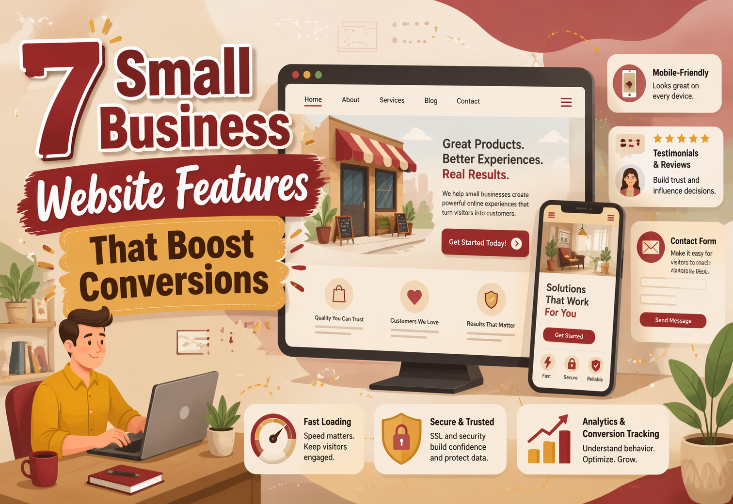 7 Small Business Website Features That Boost Conversions Infographic listing 7 essential small business website features that boost conversions, with illustrations of a desktop and mobile website, icons, and a person working on a laptop.