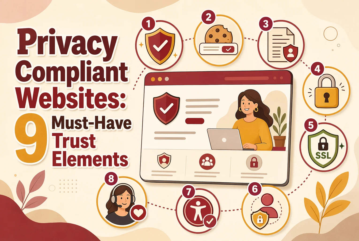 Infographic listing 9 privacy compliance elements for websites, including SSL, privacy policy, consent, user rights, security seals, trust elements, and support icons—highlighted with an illustration of a woman using a laptop to emphasize the importance of privacy compliant websites.