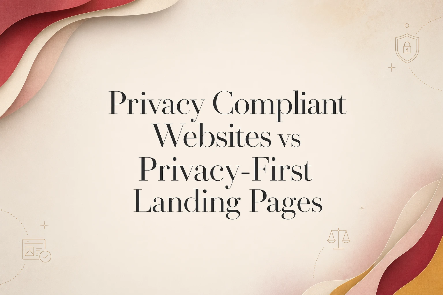 Text on abstract background reads: "Privacy Compliant Websites vs Privacy-First Landing Pages." Beige and red wavy shapes frame the corners, creating a bold visual backdrop that highlights the importance of privacy compliance in today’s digital landscape.