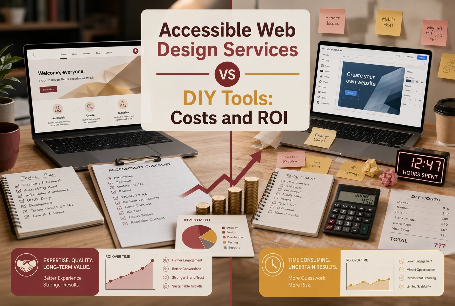 Two laptops display website builders; surrounding them are checklists, notes on costs and ROI, graphs, a calculator, and comparisons of Accessible Web Design Services versus DIY Tools for accessibility.
