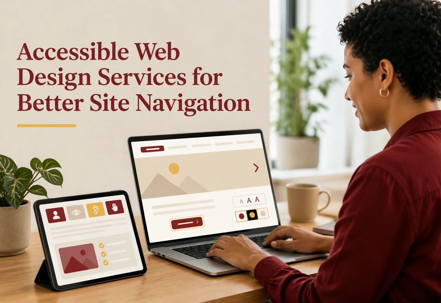 A person works on a laptop next to a tablet displaying accessible web design elements, with text reading "Accessible Web Design Services for Better Site Navigation.