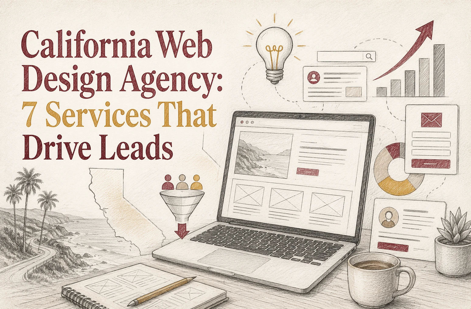 California Web Design Agency: 7 Services That Drive Leads Illustration of a laptop, charts, and icons promoting