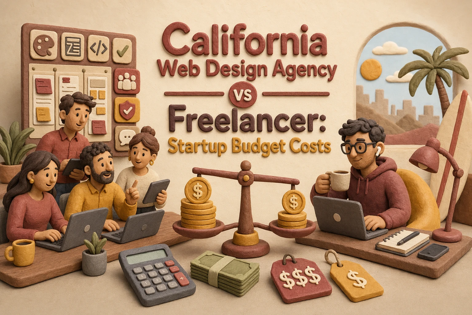 Claymation-style scene comparing a California Web Design agency and a freelancer with laptops, a balance scale, money, calculator, and price tags; “California Web Design Agency vs Freelancer: Startup Budget Costs” text.
