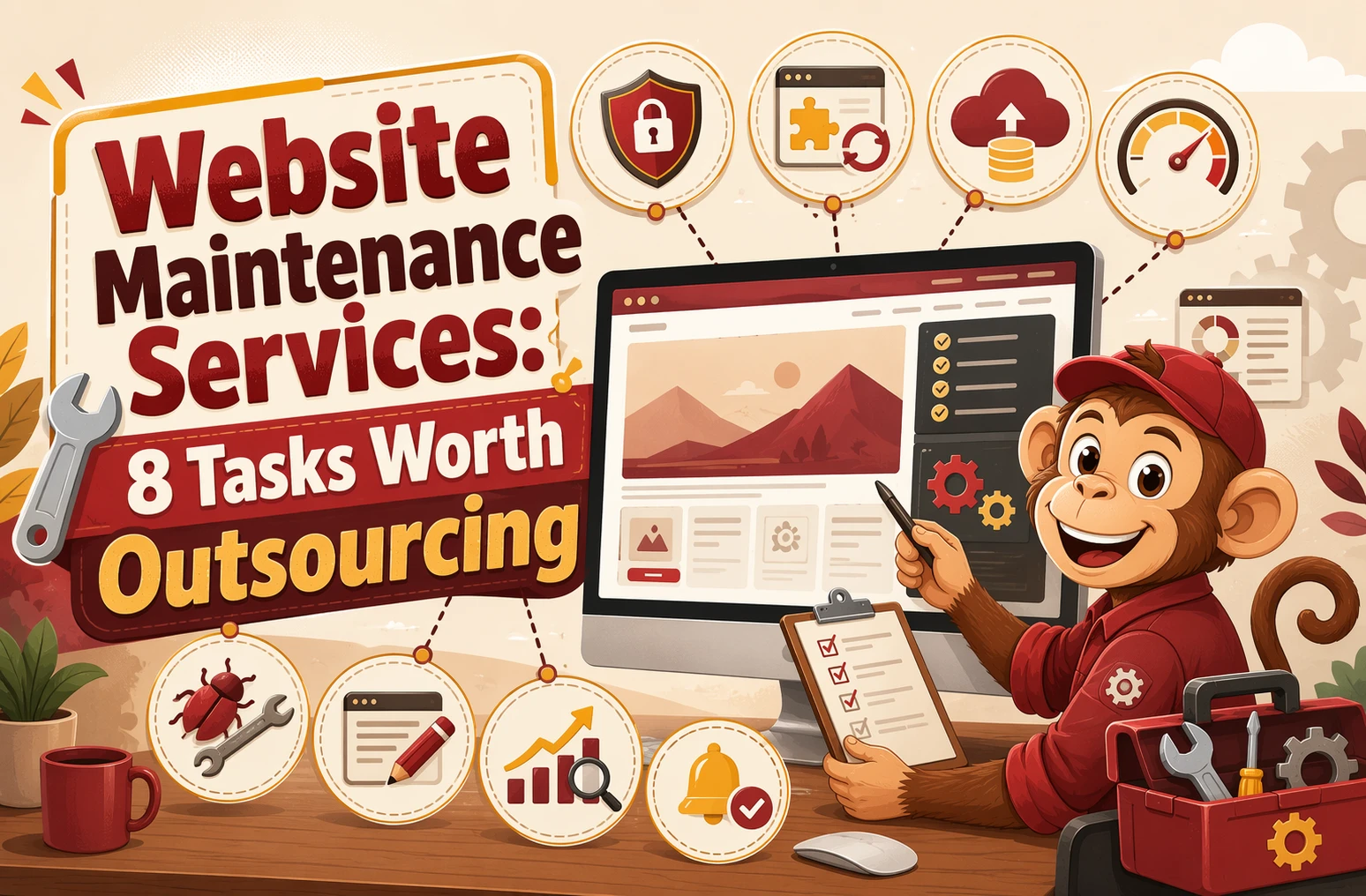A cartoon monkey in a red uniform points to a computer screen with icons depicting website maintenance tasks, emphasizing the benefits of outsourcing website maintenance services.